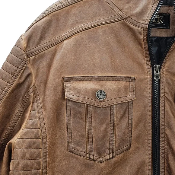 Buckle Black Jacket Mens XL Brown Faux Leather Moto Style Full Zip Distressed